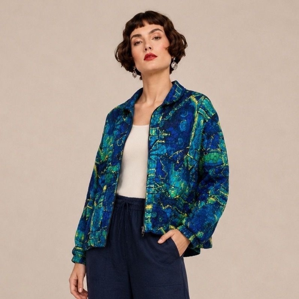 Chico's 100% Silk Abstract Art Quilted Zip Jacket Blue Green Size 3 (XL)